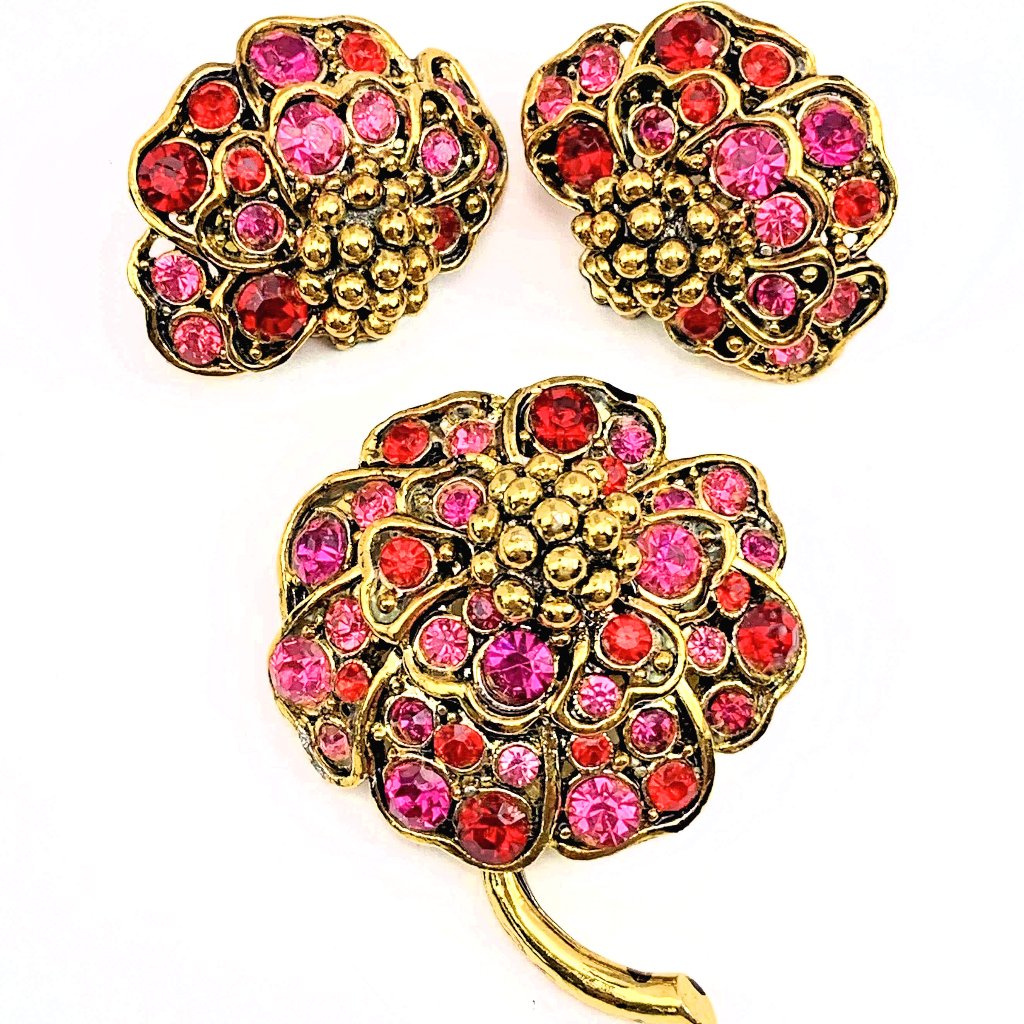 Hollycraft Pin Earrings Pink Red Rhinestone Gold Tone Flower Parure Set 85$